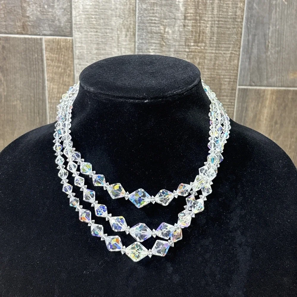 Vintage AB Crystal Triple Strand Choker Necklace Gothic Glam Faceted Glass